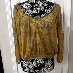 FREE PEOPLE Boho Burnout Cropped Top Turquoise Beaded 3/4 Sleeve Mustard Yellow